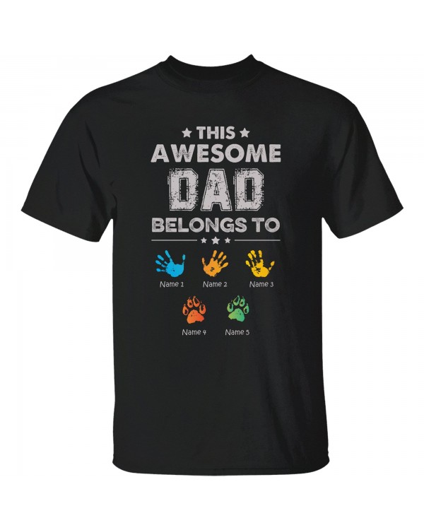 Awesome Dad Belongs To – Personalized Shirt – Hand Prints
